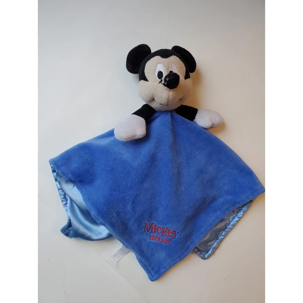 Disney‎ Baby Mickey Mouse Plush Security Blanket Lovey Blue Red Stitching Satin